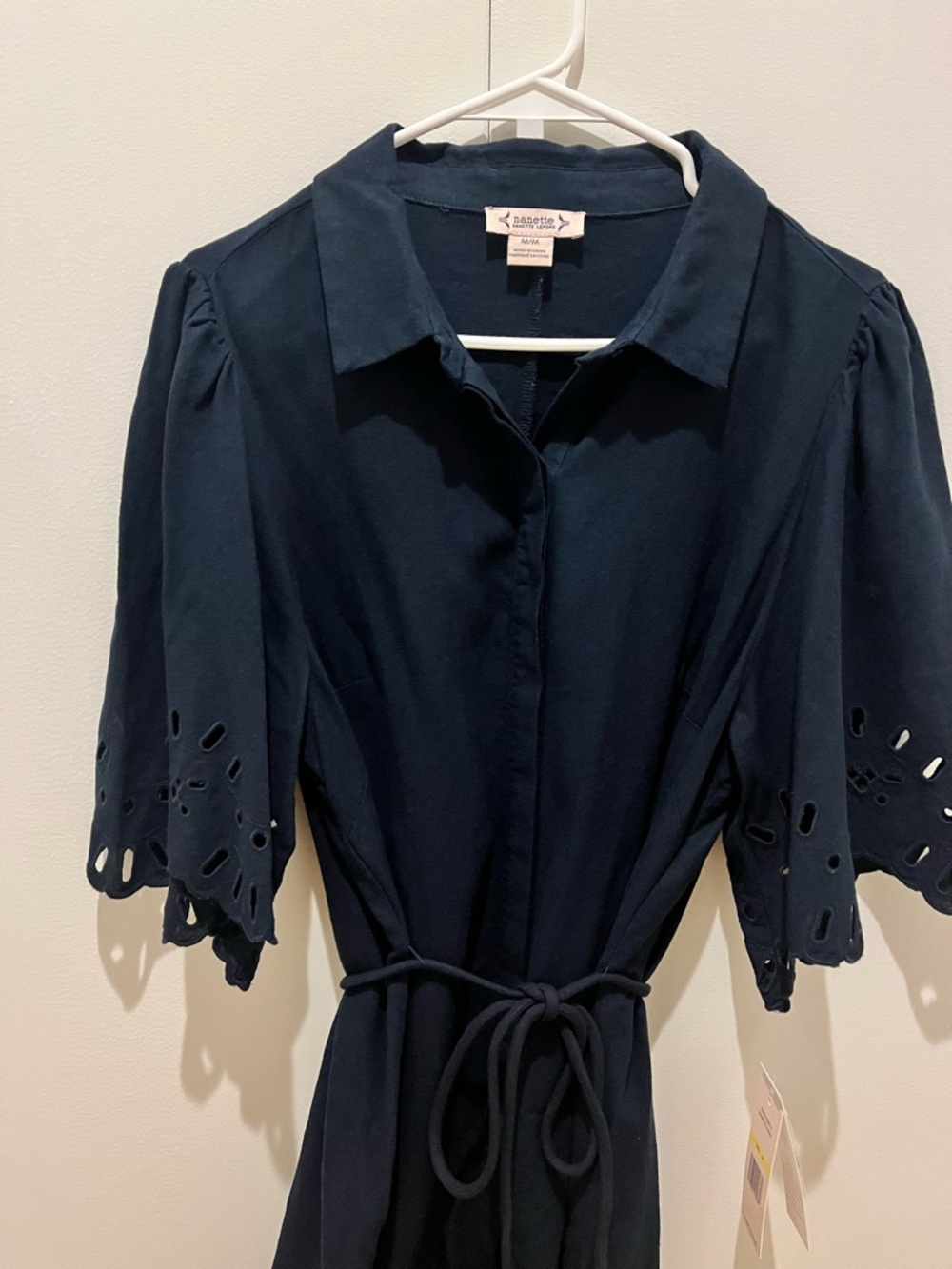 Nanette Lepore Dark Blue Eyelet-Sleeve Mini Shirt Dress with Belt - Picture 4 of 10